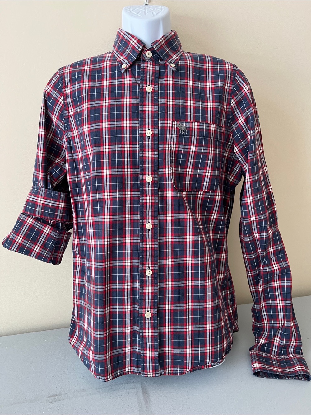 Abercrombie & Fitch Red and Navy Plaid Button-Down Shirt